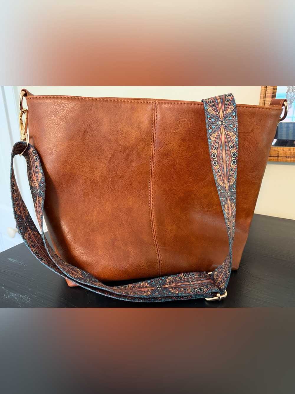 Leather Tote Bag with Decorative Blue-Patterned Strap - Brown